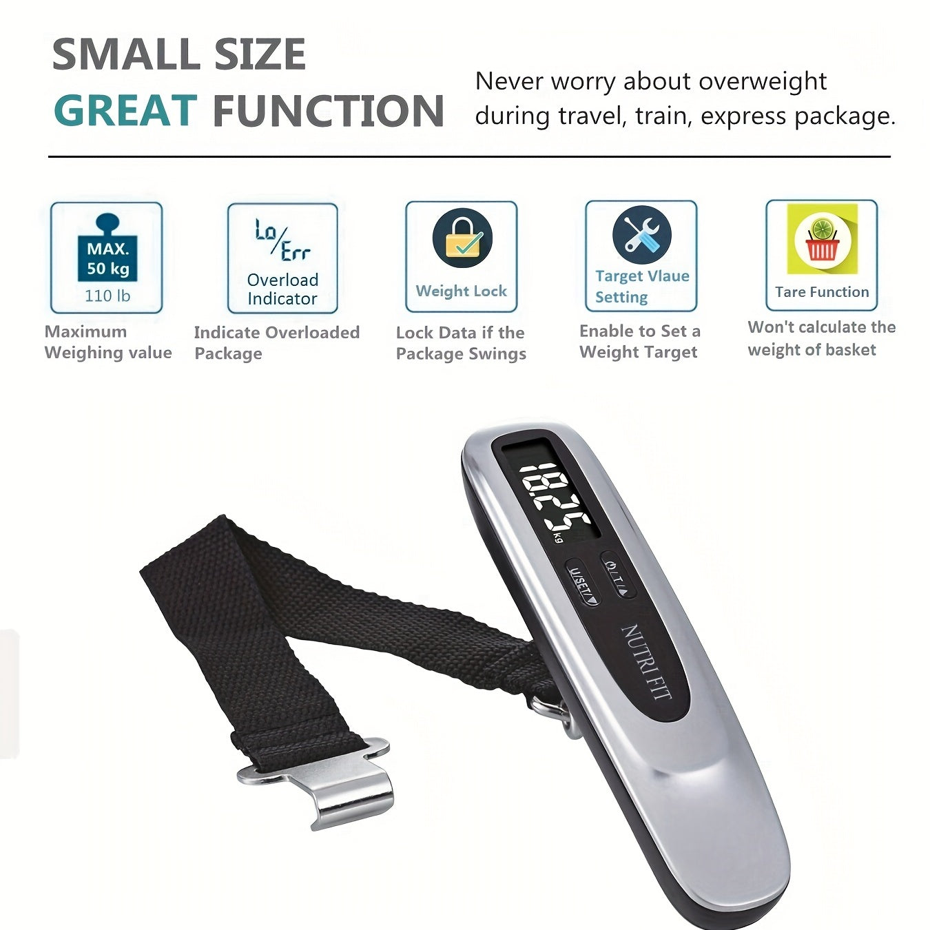 Balance bagages numérique portable, affichage LCD rétroéclairé, capacité 50 kg, crochet pratique, idéale pour peser valises en voyage.