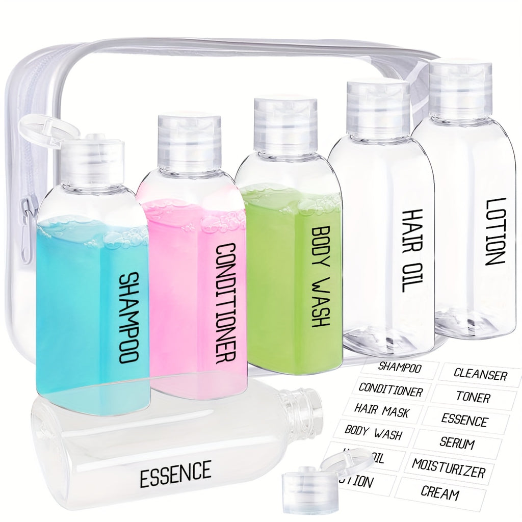 Lot de 6 flacons de voyage 100 ml, étanches, conformes TSA, rechargeables, faciles à presser et nettoyer pour lotions et soins.