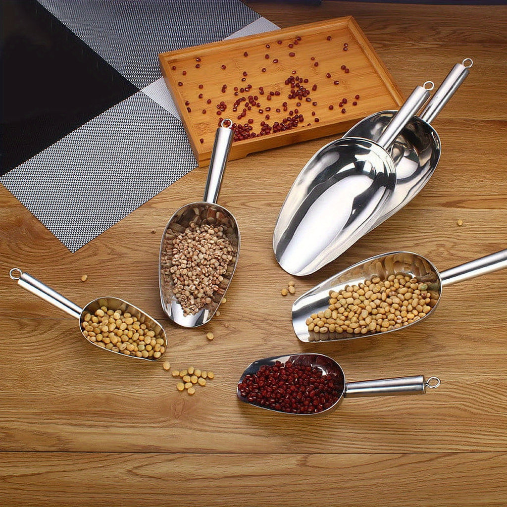 Lot de 3 pelles en acier inoxydable épaisses, multi-usages pour glace, aliments pour animaux, céréales, farine, sucre, riz, durable pour cuisine, bar ou fêtes.