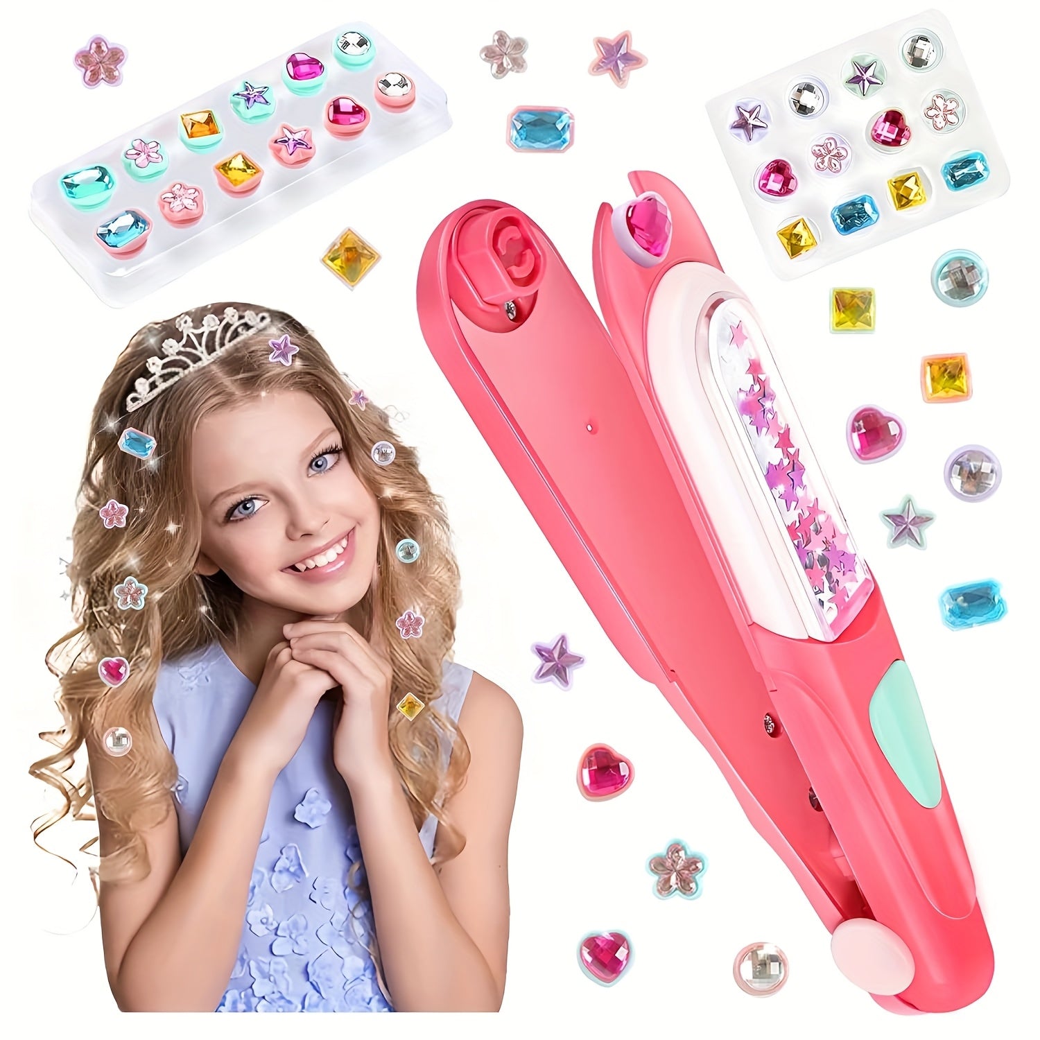 Kit tampon cheveux filles, accessoires réutilisables type diamant, outils roses avec étoiles, cœurs et cercles pour coiffures créatives.