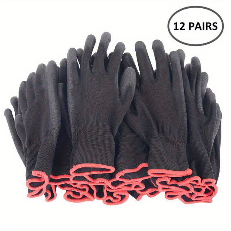 Lot de 12 paires de gants de travail résistants, antidérapants et antistatiques, adaptés jardinage, bricolage et usage industriel sécuritaire.