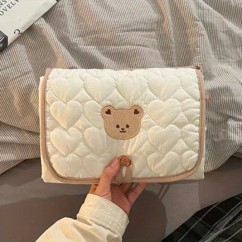 Cream Bear-Patterned Portable Diaper Changing Pad - Foldable, Breathable Polyester with Adjustable Strap for Travel &amp; Short Trips, Short Trip Essentials | Foldable Pad | Secure Closure, Diaper Pouch