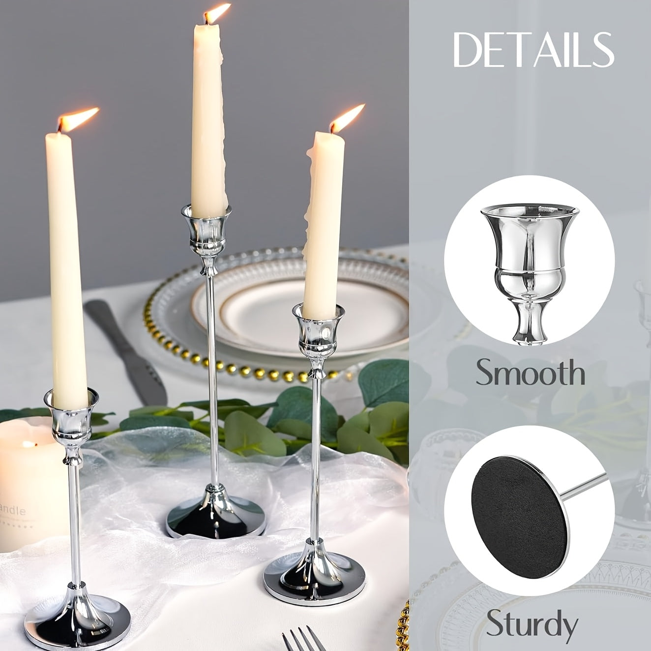 Lot de 3 bougeoirs élégants en laiton doré Design métallique poli, idéal pour mariages, dîners ou décoration maison, bougies non incluses, style moderne et durable.