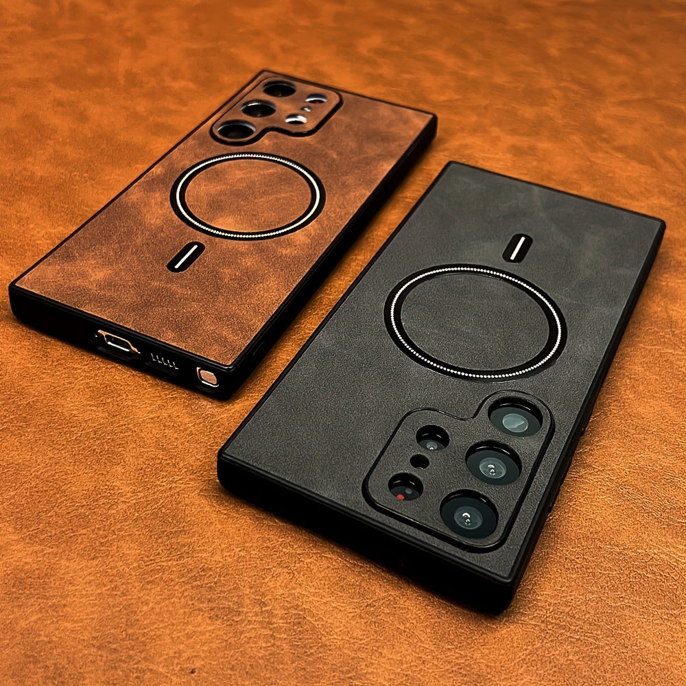 Coque de luxe en cuir PU rétro pour Samsung Galaxy, antichoc, compatible charge sans fil, finition mate élégante, protection haut de gamme et design sophistiqué.