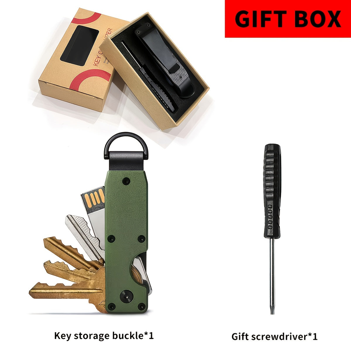 Boîte à clés compacte en métal, motif fibre de carbone, résistante aux rayures, légère et portable, avec mini tournevis et porte-clés bleu.