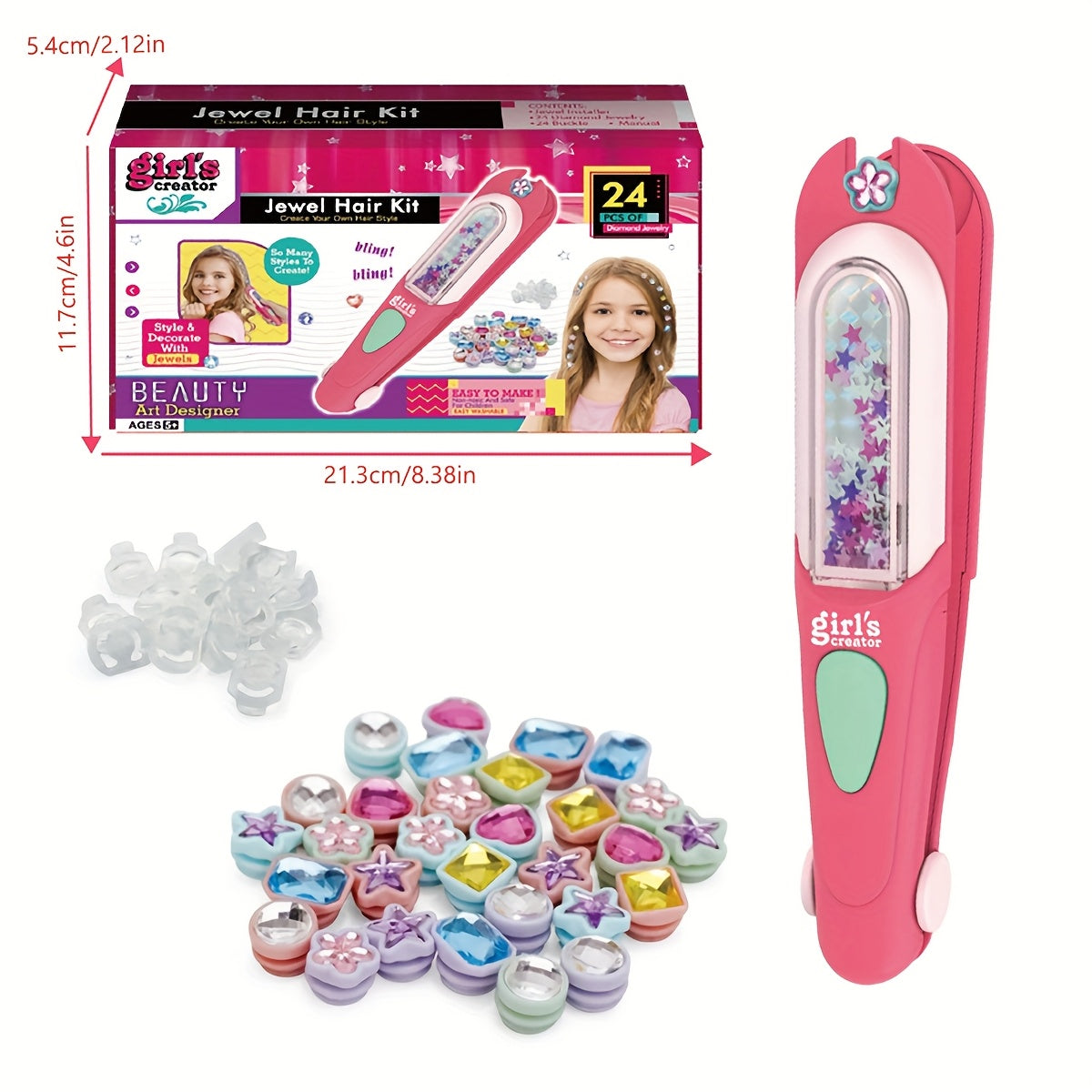 Kit tampon cheveux filles, accessoires réutilisables type diamant, outils roses avec étoiles, cœurs et cercles pour coiffures créatives.