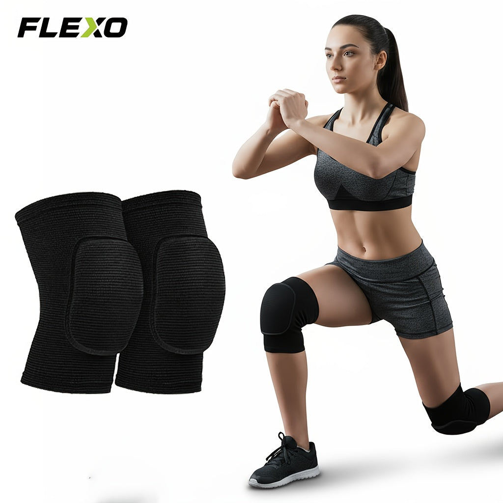 2pcs FLEXO Knee Support Sleeves & Pads for Men & Women | Lightweight Knee with 15mm Soft Padded Cushion, Breathable Elastic Material, Ideal for Volleyball, Gym, Yoga, Dance, Fitness, Pilates - Black, Polyester Knit Fabric, Ha