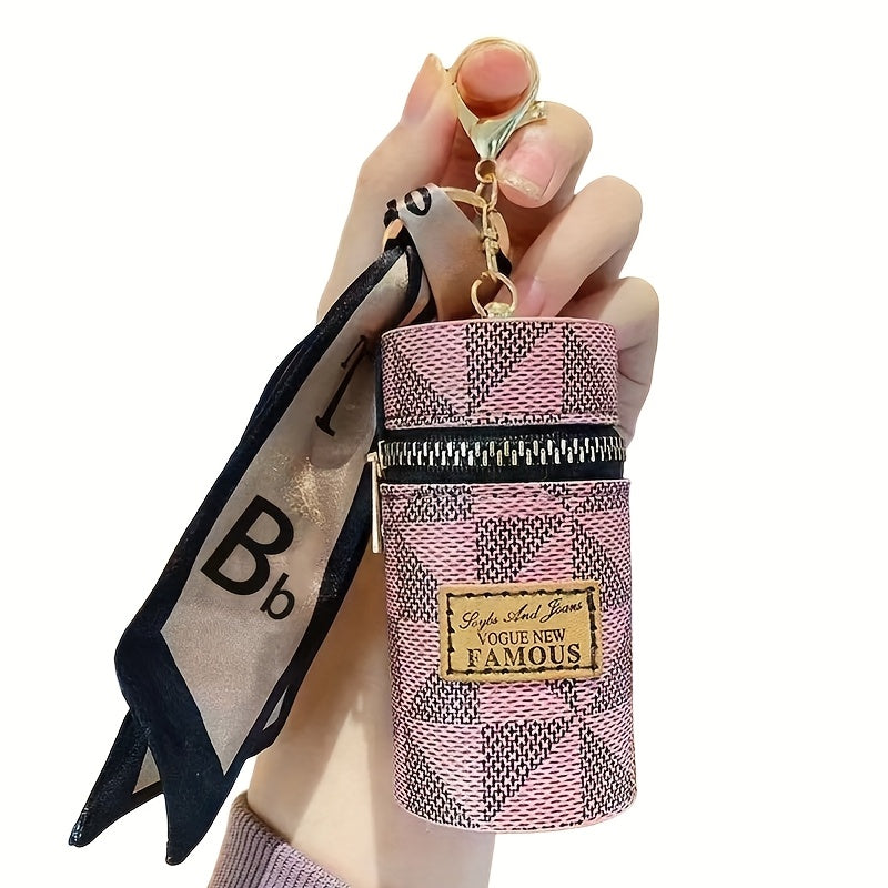 Three Colors Available - Round Coin and Lipstick Holder Wallet, Durable PU Material with Geometric Pattern Design, Black Zipper Closure, Golden Keychain Charm, Large Capacity Women's Travel Commute Mini Purse for Coins &amp; Cash