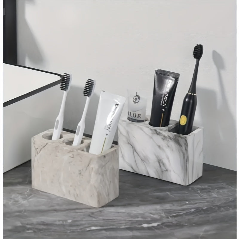 Porte-brosses à dents en résine 3 compartiments Design marbré avec touches dorées, rangement stable pour brosses et dentifrice, accessoire durable et élégant pour salle de bain.