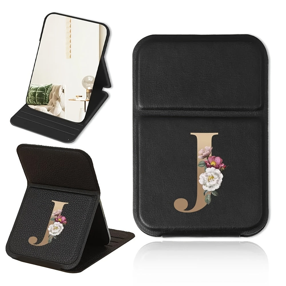 Miroir de maquillage pliable portable, design floral noir et doré, léger, étanche et anti-poussière, parfait cadeau pour enseignants et proches.