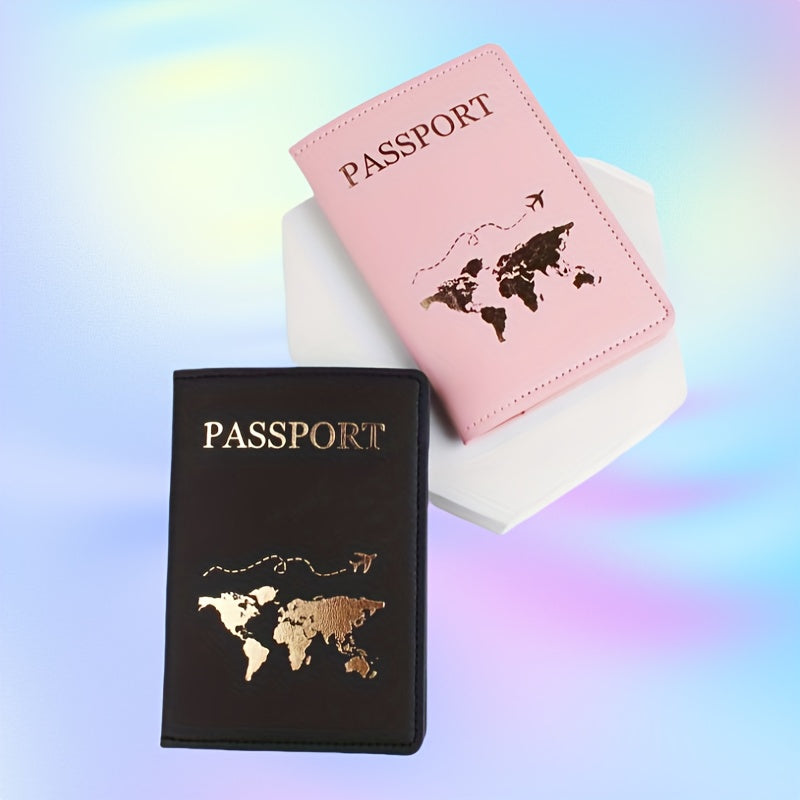2pcs Elegant Golden-Embossed Passport Holders for Couples - Lightweight Synthetic Faux Leather Travel Wallets with World Map Design, Open Style for Passports &amp; Tickets, Perfect for Travel or Daily Use, Passport Holder
