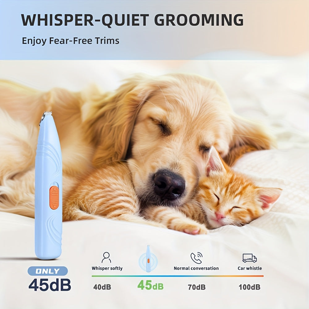 Tondeuse sans fil pour chiens et chats, faible bruit. Utilisation sèche/humide, idéale pour petites races, coupe sans douleur des pattes et du visage.