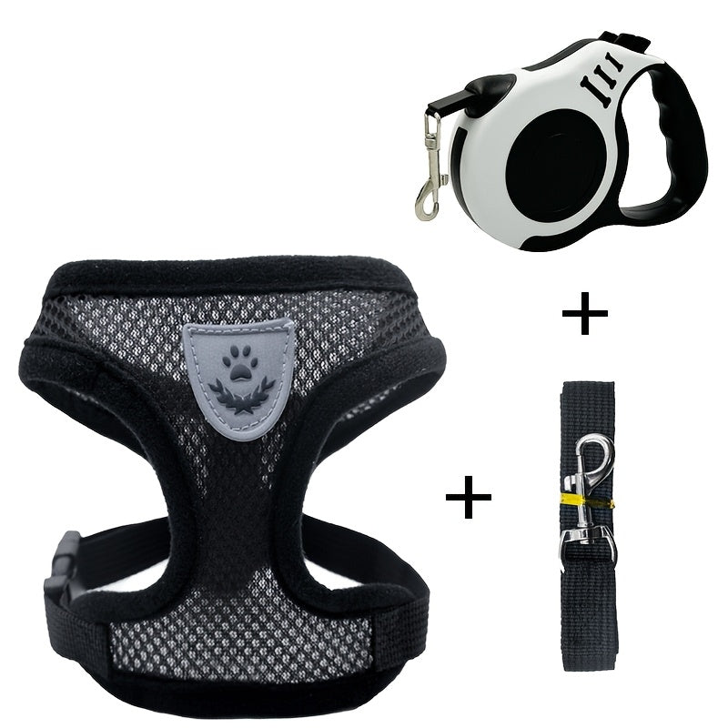3pcs Set, Double Switch Retractable Pet Leash and Harness, Soft Nylon Mesh Vest for Cats & Small Dogs, Easy Control & Comfortable Safety, Hand Wash Only