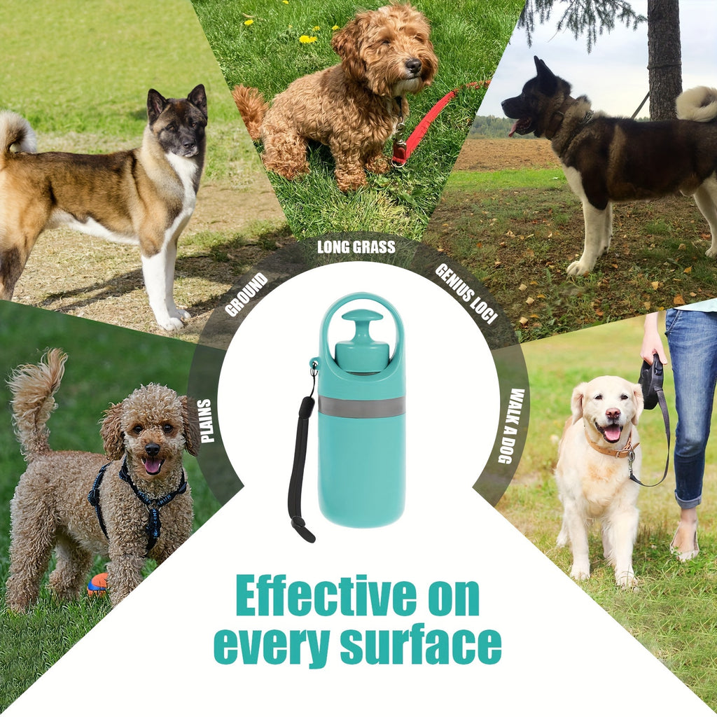 Ramasse-crottes portable pour chien avec distributeur de sacs, plastique durable, bleu-vert, sacs étanches inclus, pratique pour sorties en extérieur.