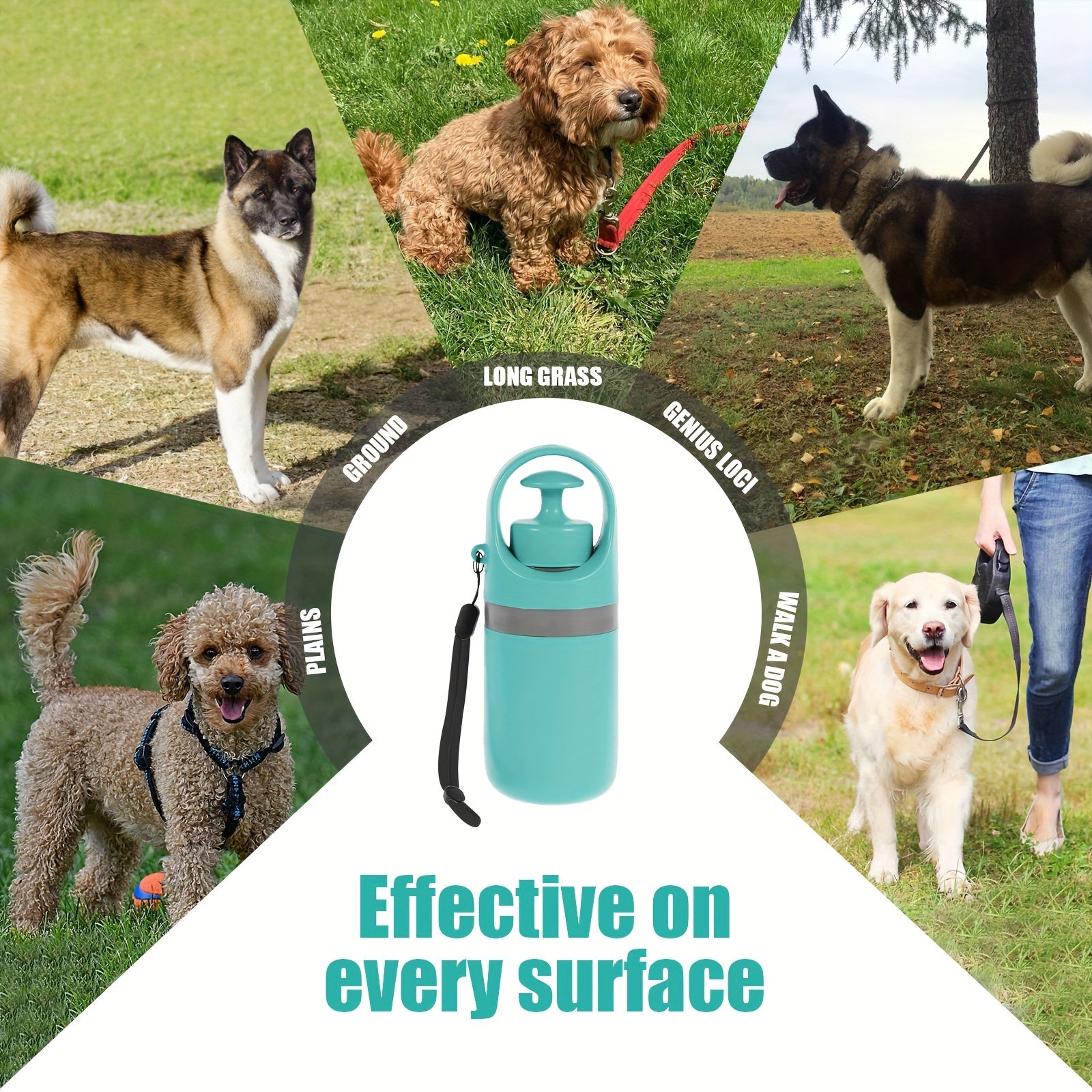 Ramasse-crottes portable pour chien avec distributeur de sacs, plastique durable, bleu-vert, sacs étanches inclus, pratique pour sorties en extérieur.