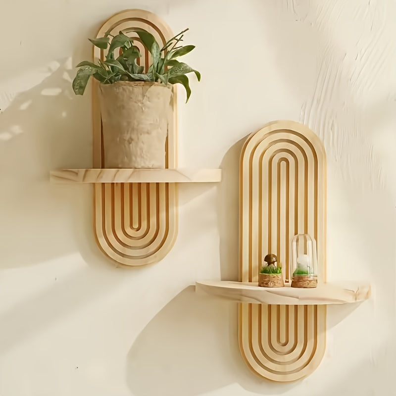 Étagère murale bois style bohème, support bougie arc-en-ciel, rangement décoratif pour chambre, cuisine, salon ou plantes.