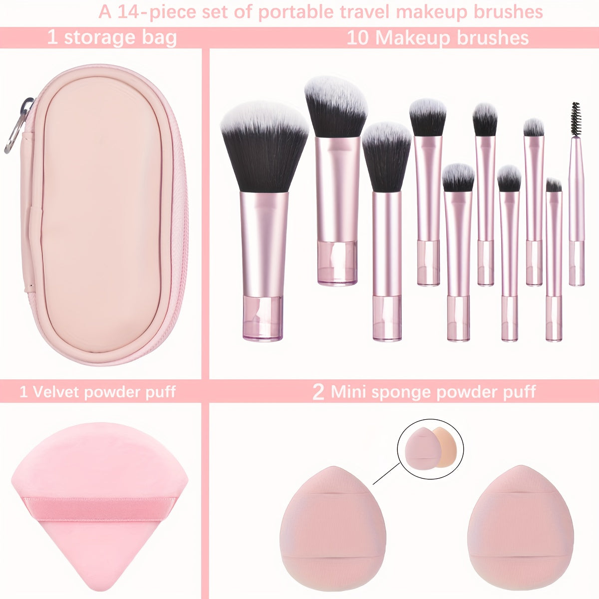 Set portable de pinceaux de maquillage avec éponge et houppette, parfait pour un kit complet d’outils cosmétiques en voyage.