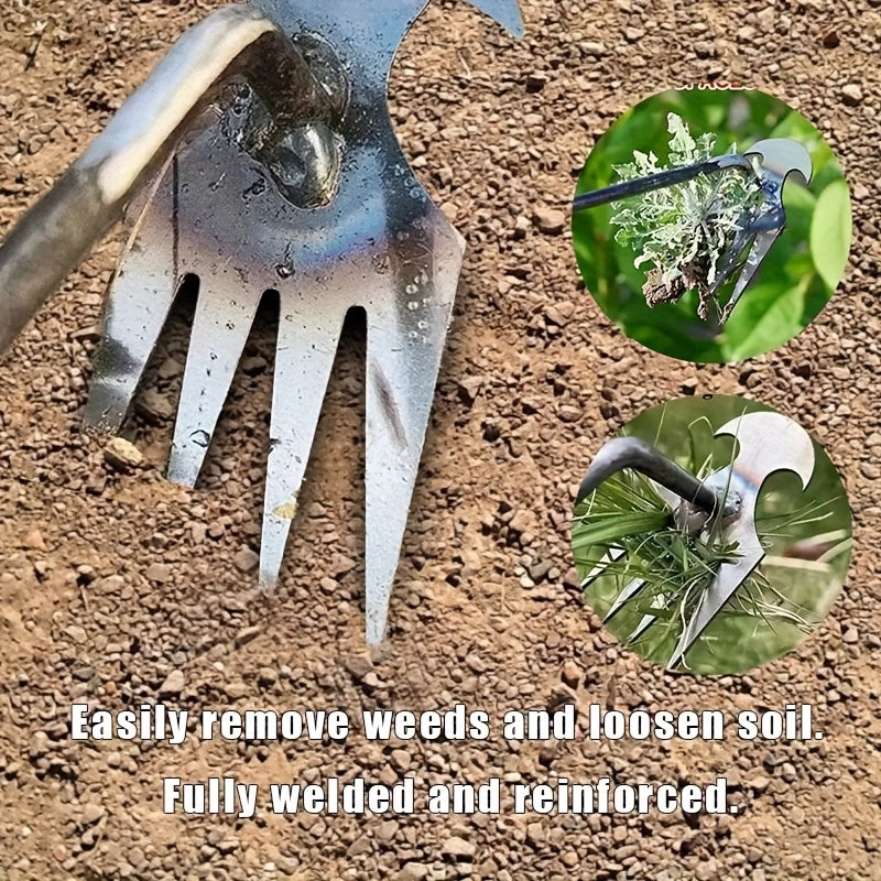 Heavy-Duty Iron Weeding &amp; Cultivating Tool with 4-Tooth Ergonomic Design - Manual Labor-Saving Grass and Garden Maintenance for Lawn, Durable Weed Removal Garden Tool, Weeding Garden Tools No Bending, Comfortable Grip Handle