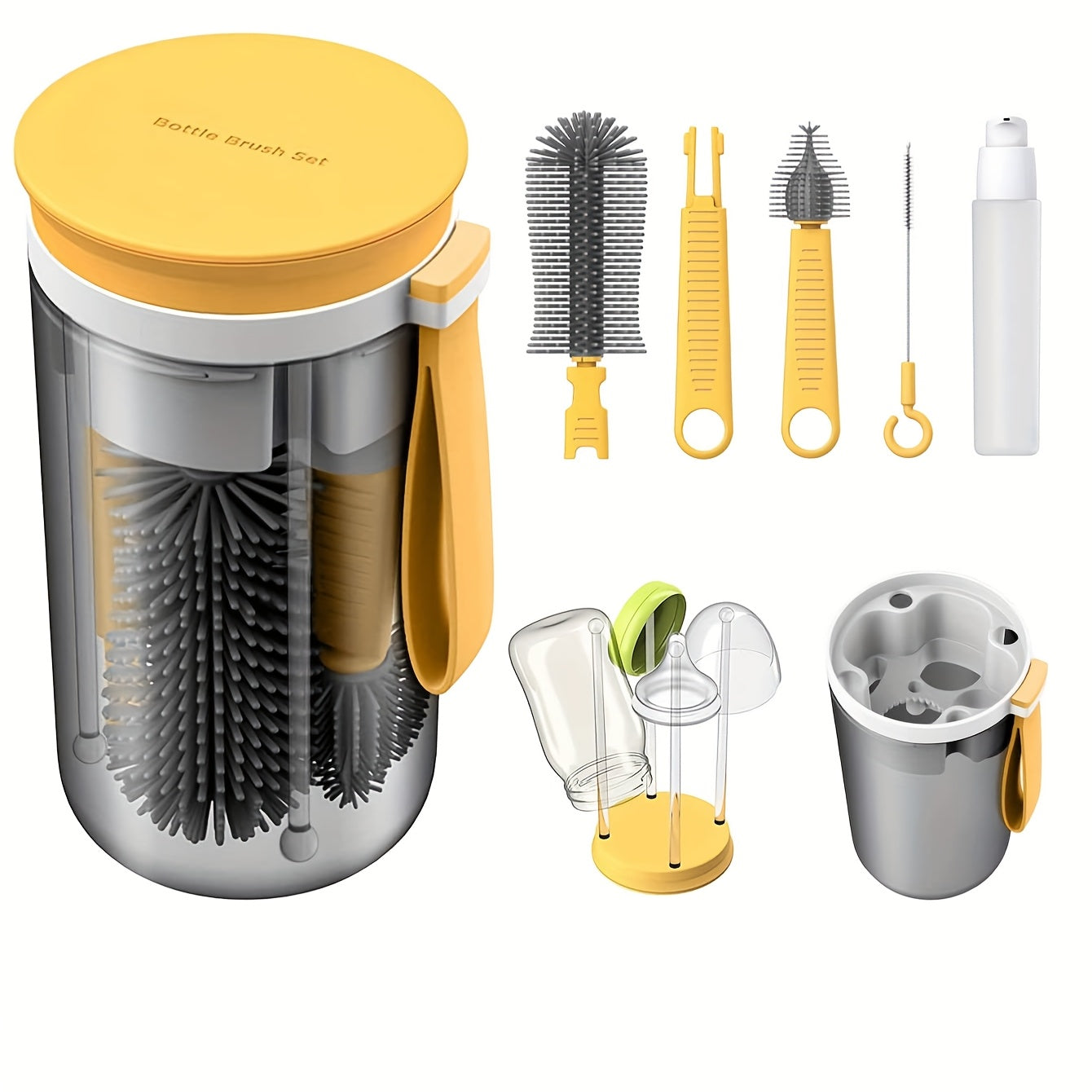 Set brosse à bouteilles portable Kiuimi, brosses en silicone, support de séchage, accessoires, poignée plastique, pratique pour voyage.