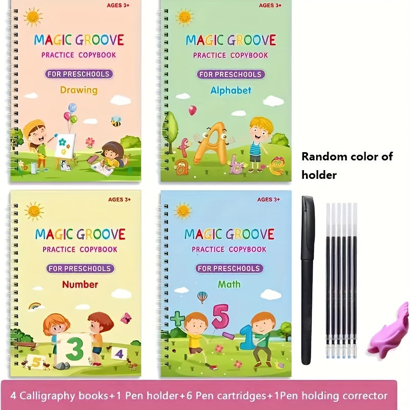 Coffret éducatif enfants : 4 cahiers, stylo, 6 recharges et support, idéal pour apprentissage et exercices d’écriture.