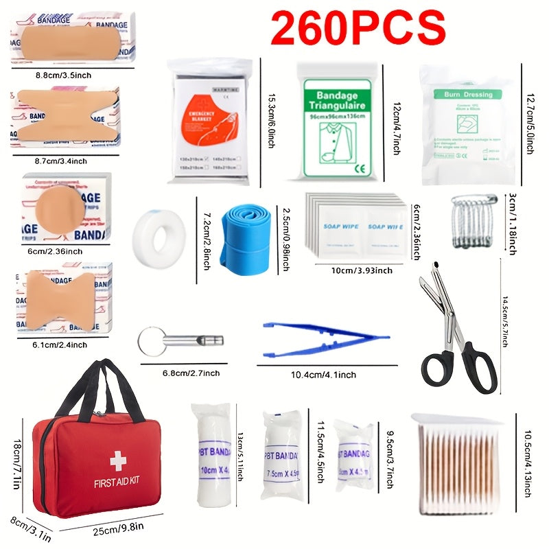 Deluxe 260pcs First Aid Kit - Essential Safety Supplies for Home, Outdoor Adventures &amp; Camping - Portable with Scissors, Bandages, Tweezers - Red, No Magnesium Rod/Flint