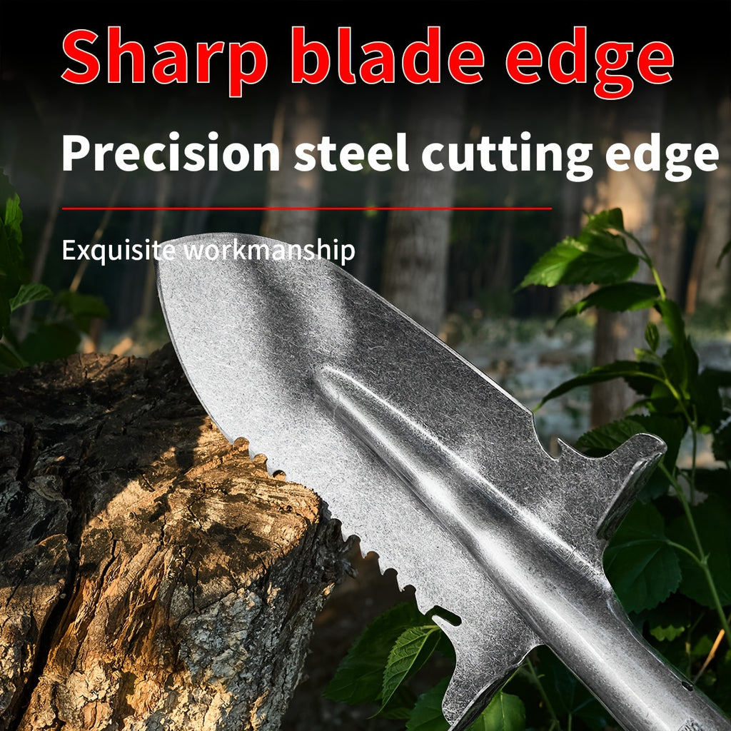 Dual-purpose serrated shovel, multi-purpose serrated shovel, manganese steel hardened shovel, sharp serrated edge, suitable for felling trees, deep digging, camping, gardening, sturdy and durable, ideal for firewood preparation