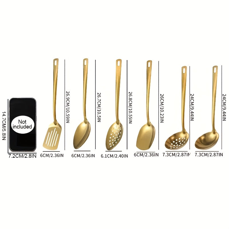 6pcs Korean-Style Stainless Steel Gold-Plated Kitchen Utensil Set: Essential Cooking Ladle, Strainer Spoon, and Frying Spatula for Home Use - Luxurious Golden Soup Spoon, Colander, and Hot Pot Ladle Perfect for Cooking, Buffe