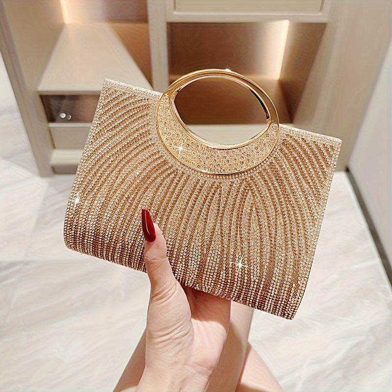 Elegant Golden Rhinestone Evening Clutch with Magnetic Closure - Polyester, Shoulder &amp; Handbag for Weddings, Bridesmaids, Parties, Mother'S Day Gift, Wedding Season Accessory|Rhinestone Embellished Bag|Polyester Clutc