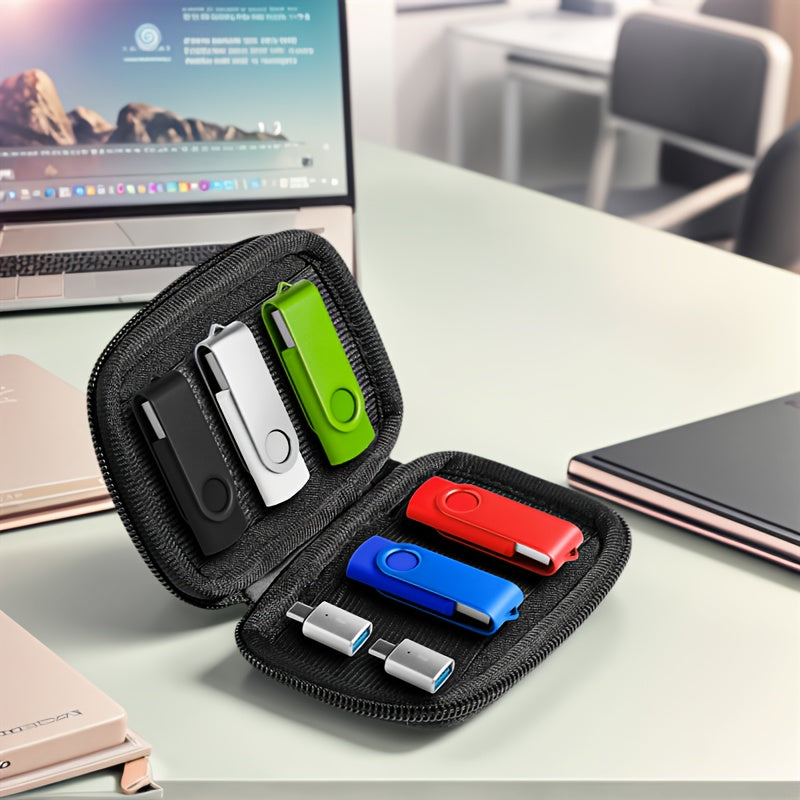 Lot de 5 clés USB (128 MB à 32 GB) avec 2 adaptateurs USB-C et étui souple, stockage et sauvegarde, compatible Android, iPhone 15/16 et ordinateurs.