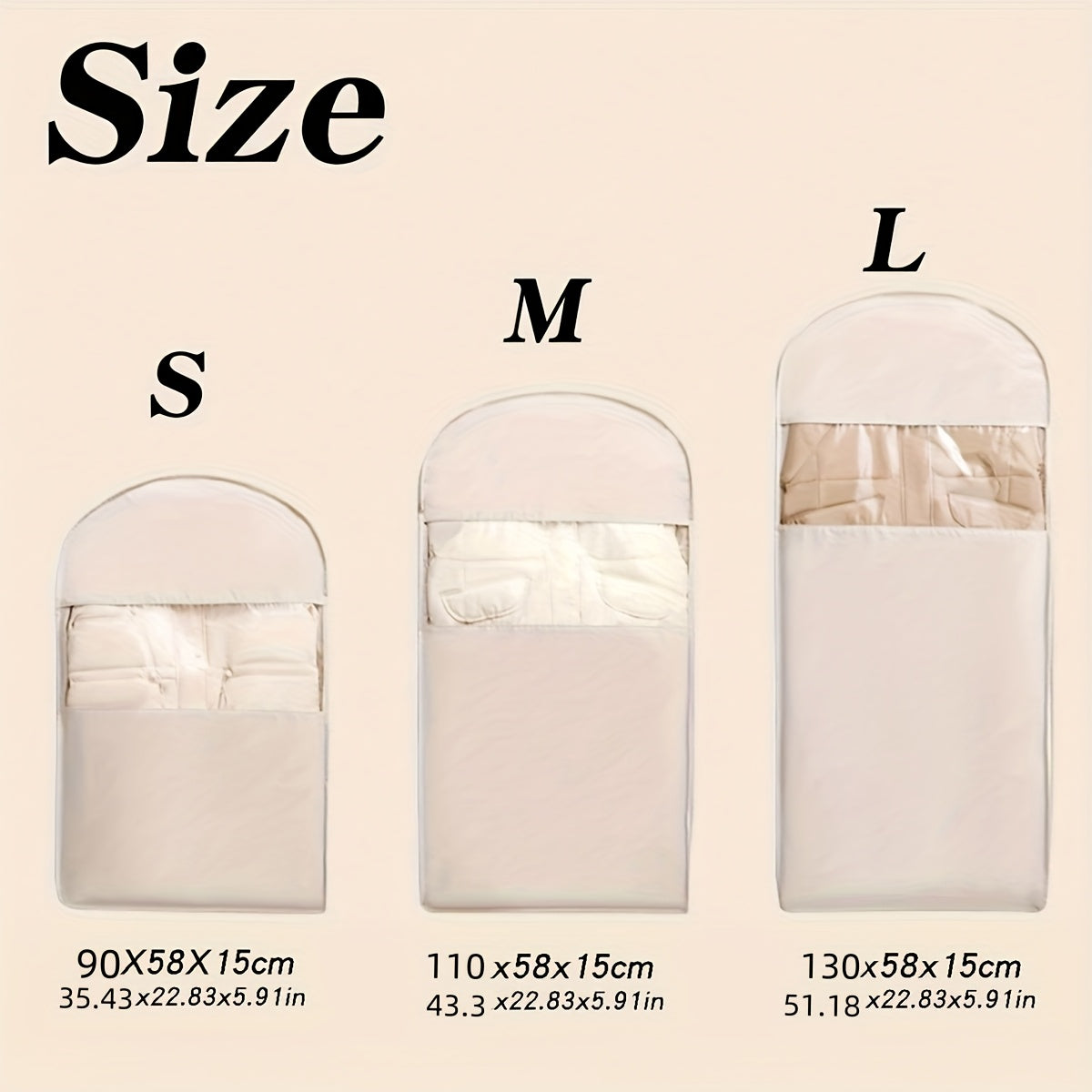 Housse suspendue compressible robuste avec fenêtre transparente, fermeture éclair et gain de place, idéale pour costumes, manteaux et vestes à domicile ou en voyage.
