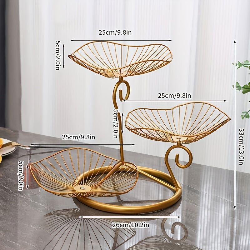 Support à fruits en fer élégant à 3 niveaux. Panier décoratif pour salon, table basse et cuisine, parfait pour servir des snacks et desserts.