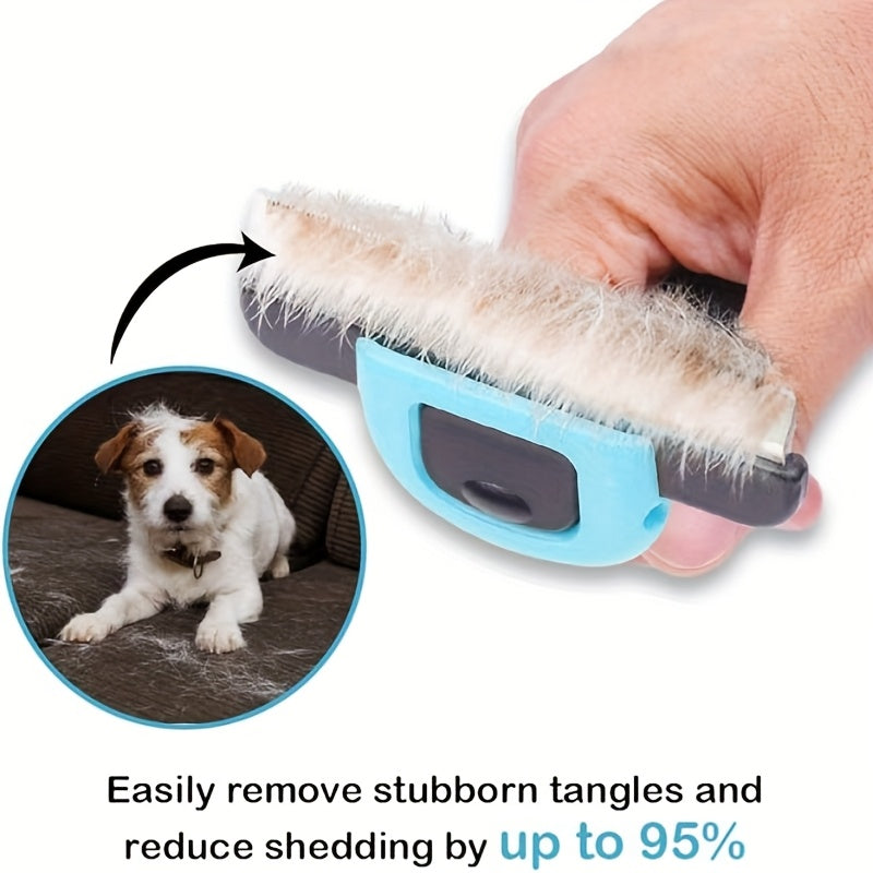 Brosse professionnelle de déshedding pour animaux. Réduit les poils de 95%, ergonomique, sans électricité, design bleu et noir, pour toutes les races.