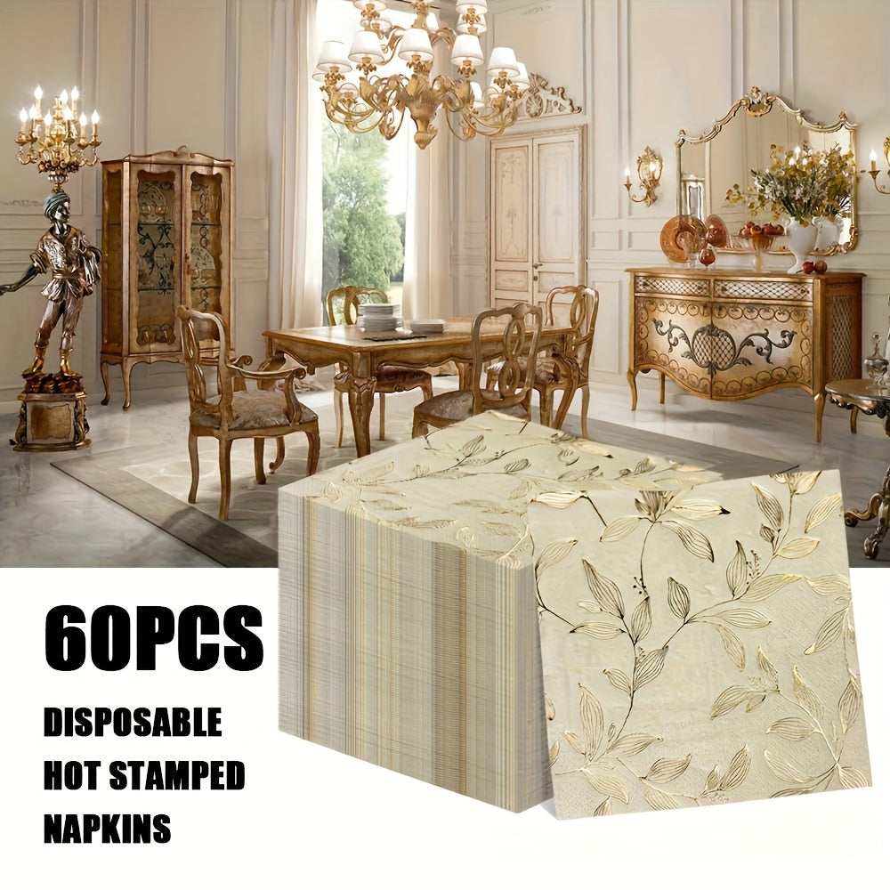 60pcs Elegant Golden Leaf Stamped Disposable Napkins - 33.02x33.02cm Square Paper Placemats, Perfect for Family Gatherings, Weddings, Parties &amp; Restaurants