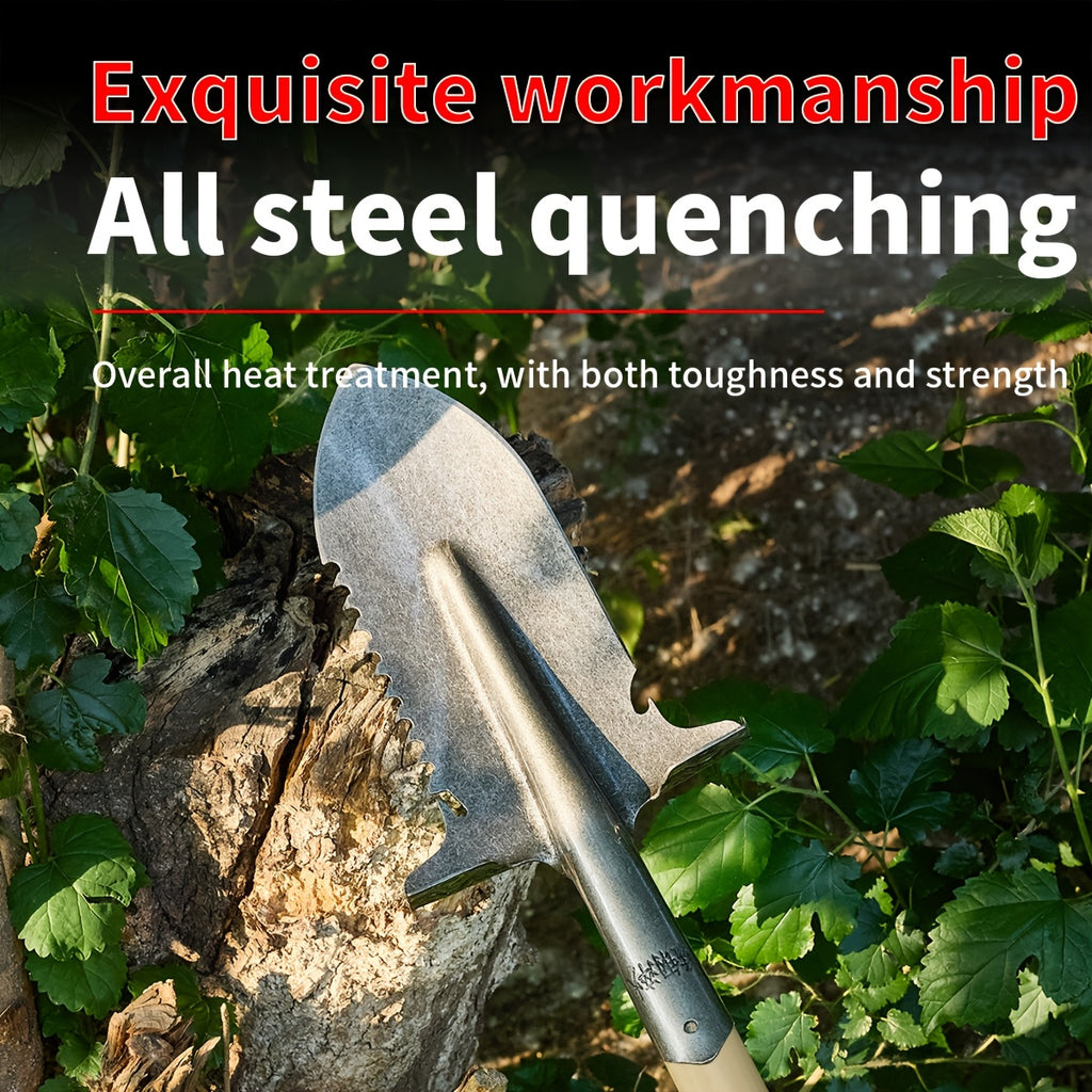 Dual-purpose serrated shovel, multi-purpose serrated shovel, manganese steel hardened shovel, sharp serrated edge, suitable for felling trees, deep digging, camping, gardening, sturdy and durable, ideal for firewood preparation