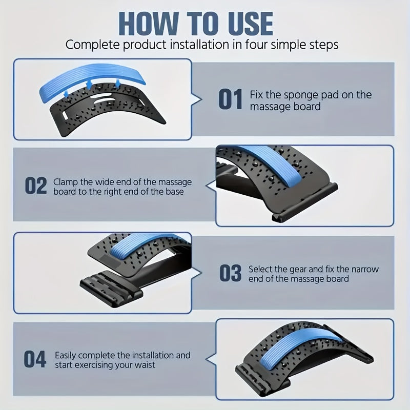 3-Level Adjustable Back Stretcher & Posture Corrector | Ergonomic Lumbar Support with Massage Function, Secure Grip Handles, for Upper & Lower Back, Office, Car, Home Use, Durable PP Construction.