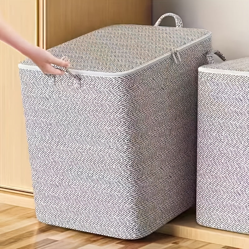Boîte de rangement extra-large en tissu non tissé résistant avec couvercle, conçue pour organiser vêtements, literie et accessoires tout en économisant l’espace.