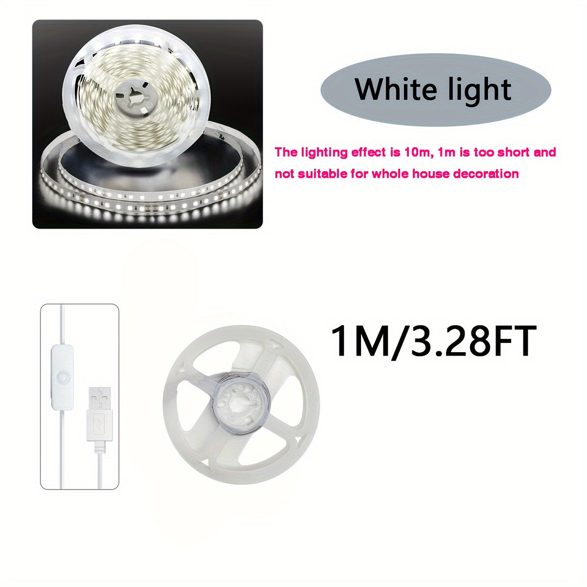 Ruban LED USB Blanc : Éclairage intérieur polyvalent, rétroéclairage TV, décoration chambre et salon, parfait pour fêtes, camping et occasions spéciales.