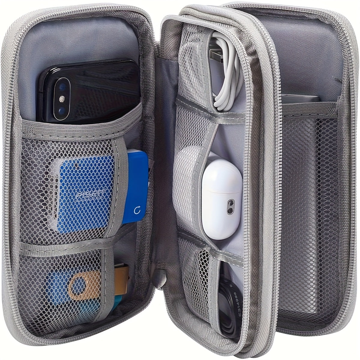 Organisateur de câbles en polyester durable, portable, compartiments multiples, idéal pour voyages, rangement chargeurs et accessoires tech, facile à nettoyer.