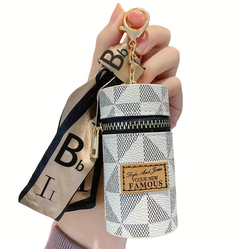 Three Colors Available - Round Coin and Lipstick Holder Wallet, Durable PU Material with Geometric Pattern Design, Black Zipper Closure, Golden Keychain Charm, Large Capacity Women's Travel Commute Mini Purse for Coins &amp; Cash