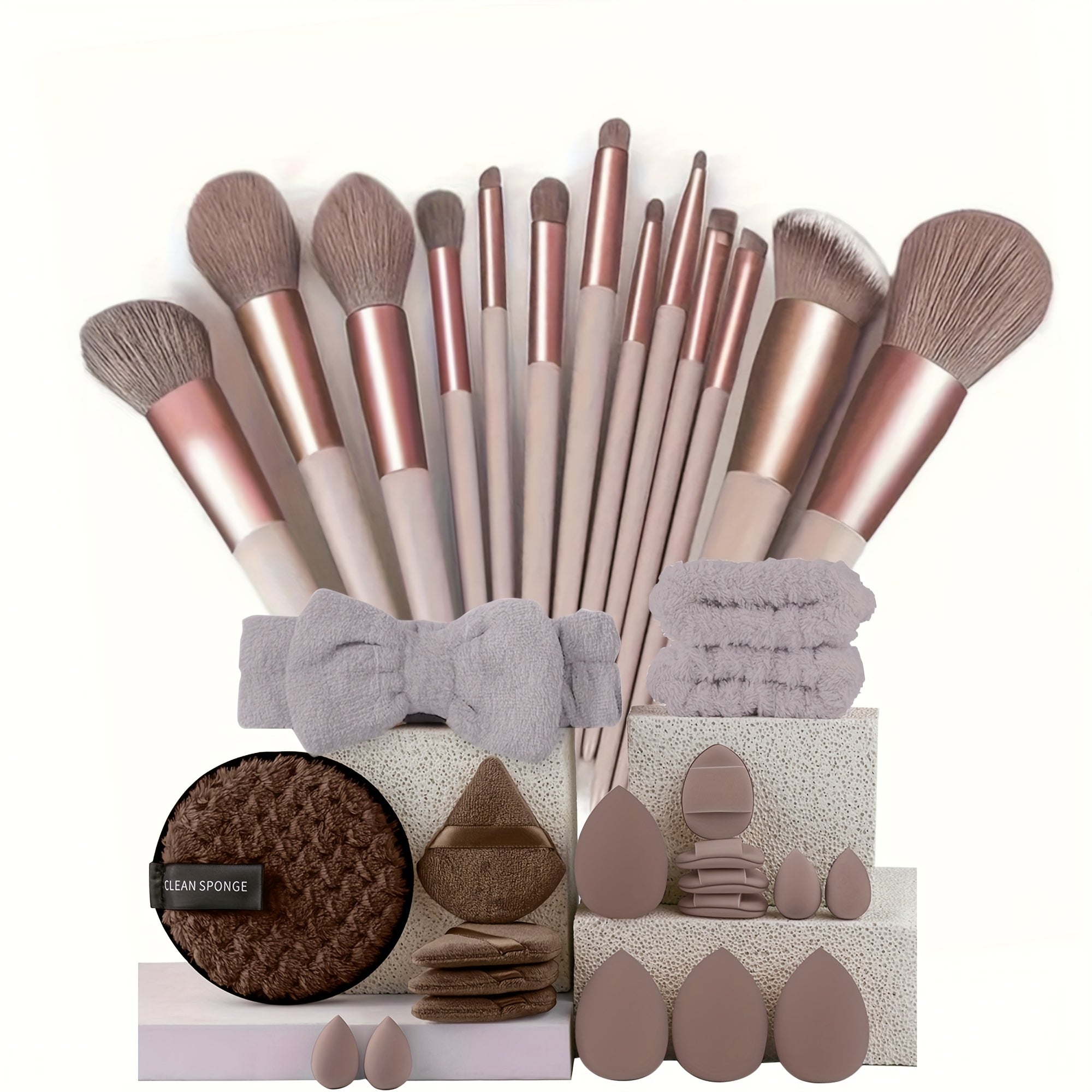 13/20/33pcs Professional Makeup Brush Set with Accessories Kit Includes High-Quality Nylon Bristled Brushes, Headband, Wristbands, Makeup Remover Puff, Triangular Velvety Puffs, Finger Puffs, Large &amp; Small Beauty Sponges ABS