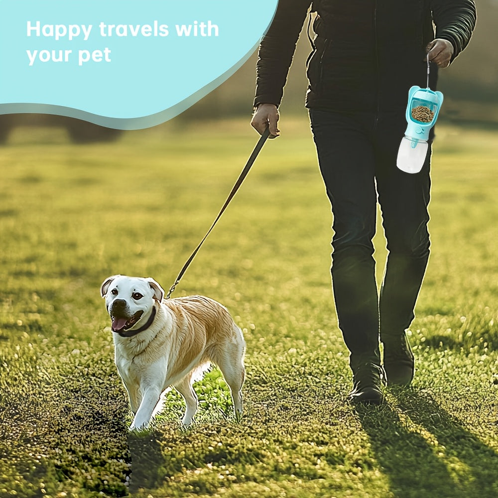 Bouteille d'eau portable pour chien avec compartiment nourriture. Distributeur pratique pour animaux, idéal pour les promenades, randonnées et voyages.