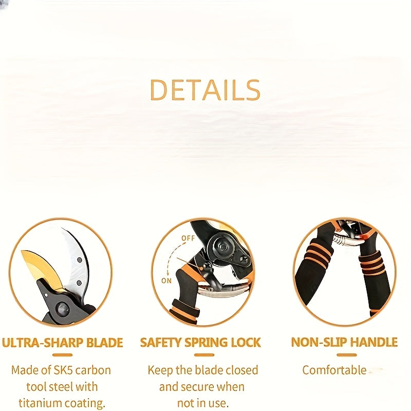 Sécateur professionnel à titanium 8,5" (T13) Lames ultra-tranchantes pour tailler arbustes, haies et plantes, outil de jardinage manuel robuste et durable.