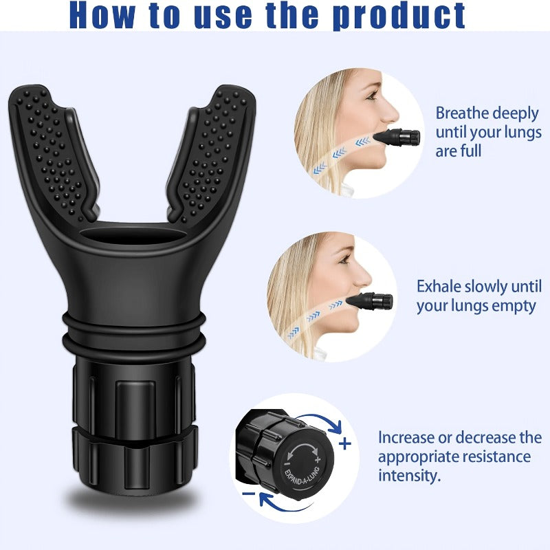 Entraîneur respiratoire réglable avec résistance ajustable, base antidérapante portable, embout ergonomique, améliore capacité pulmonaire pour adultes et sportifs.