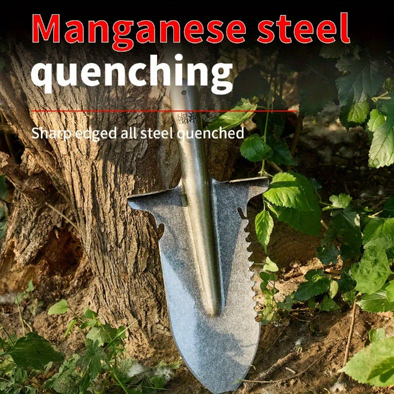 Dual-purpose serrated shovel, multi-purpose serrated shovel, manganese steel hardened shovel, sharp serrated edge, suitable for felling trees, deep digging, camping, gardening, sturdy and durable, ideal for firewood preparation