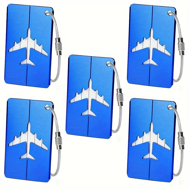 Lot de 5 étiquettes bagages en aluminium, étanches et légères, boucle acier inoxydable, design minimaliste, parfait pour voyages.