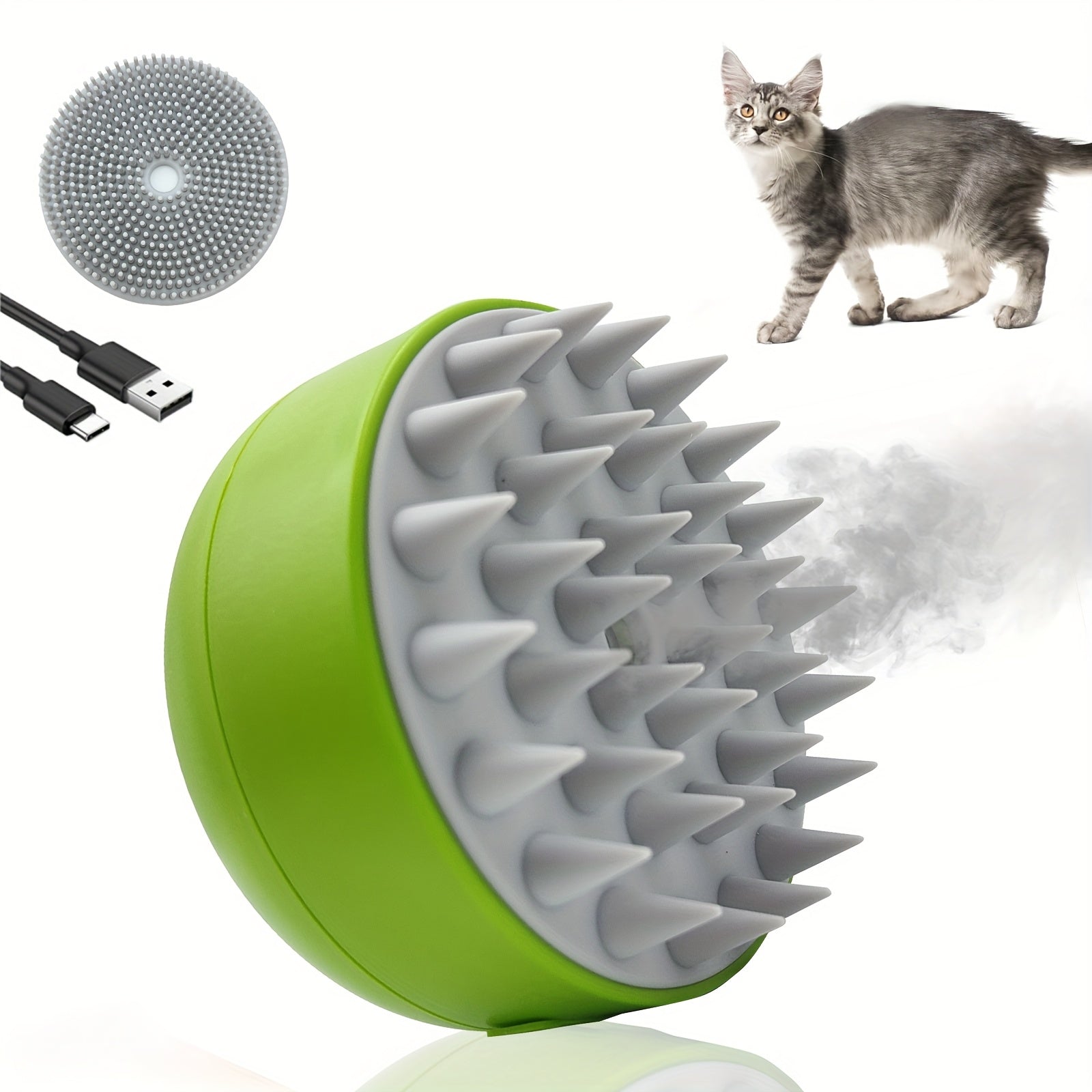 Brosse vapeur électrique 3-en-1 pour chats et chiens, motifs patte/citron, spray, massage, auto-nettoyage, retire poils morts et entretient griffes.