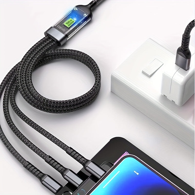 Câble de charge 3-en-1 multi-USB, tressé nylon, ports Type-C et Micro USB, charge rapide, compatible téléphones et tablettes, pratique et durable.