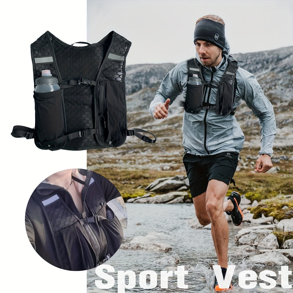 Sac à dos sportif type gilet avec poches multiples, mesh respirant, design ergonomique, idéal pour course, randonnée et hydratation mains libres.