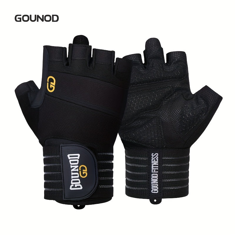 1 Pair GOUNOD Weightlifting Gloves - Reinforced Thumb Crotch, Sturdy Slip-Resistant Design, Adjustable Hook-and-Loop Closure, Black with Yellow Accents for Fitness, Sports &amp; Bodybuilding, Weightlifting Accessories, Sports Han