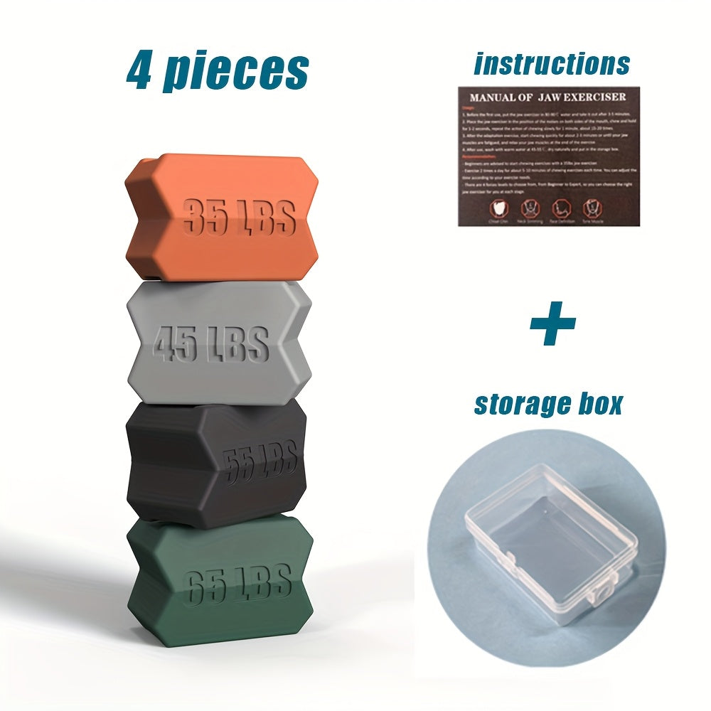 Lot de 4 exerciteurs de mâchoire, silicone, 4 niveaux de résistance, entraînement des muscles faciaux pour hommes et femmes.